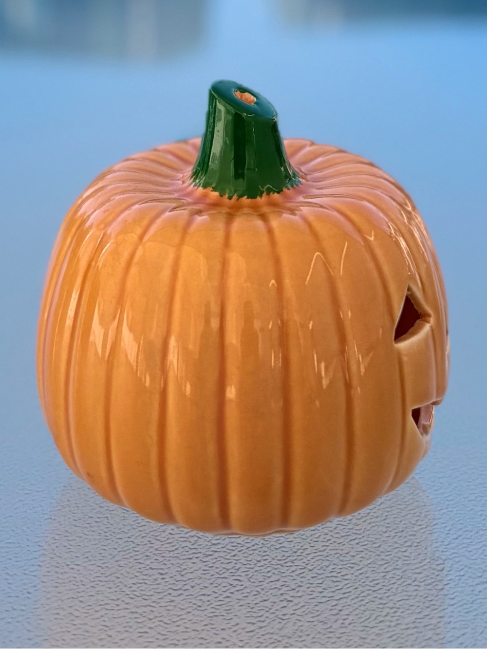 Small Orange Ceramic Smiling Jack-O-Lantern Pumpkin Candleholder Halloween Decor - Picture 2 of 7